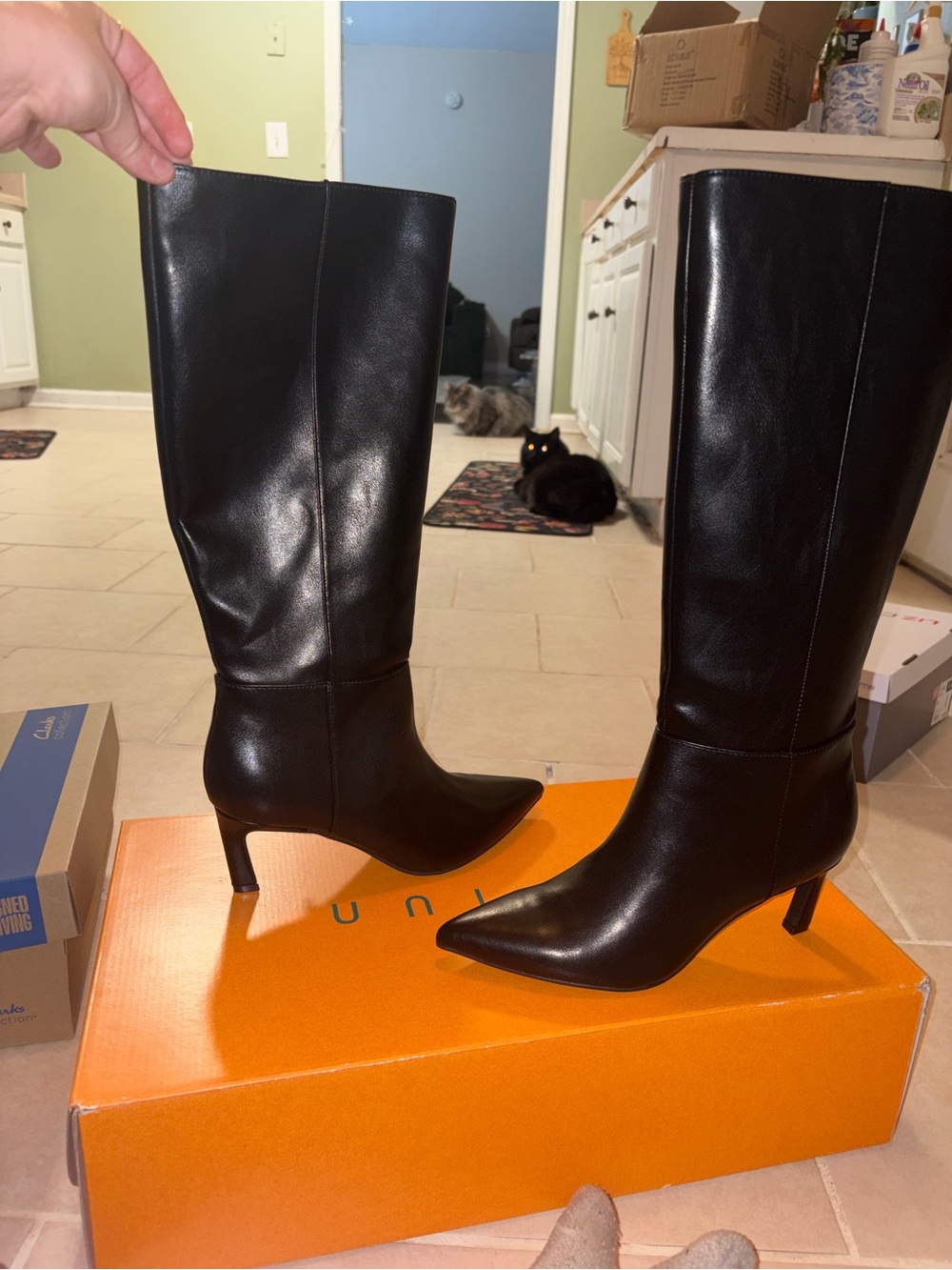 Unisa Black Pointed-Toe Knee Boots with Slim Heel